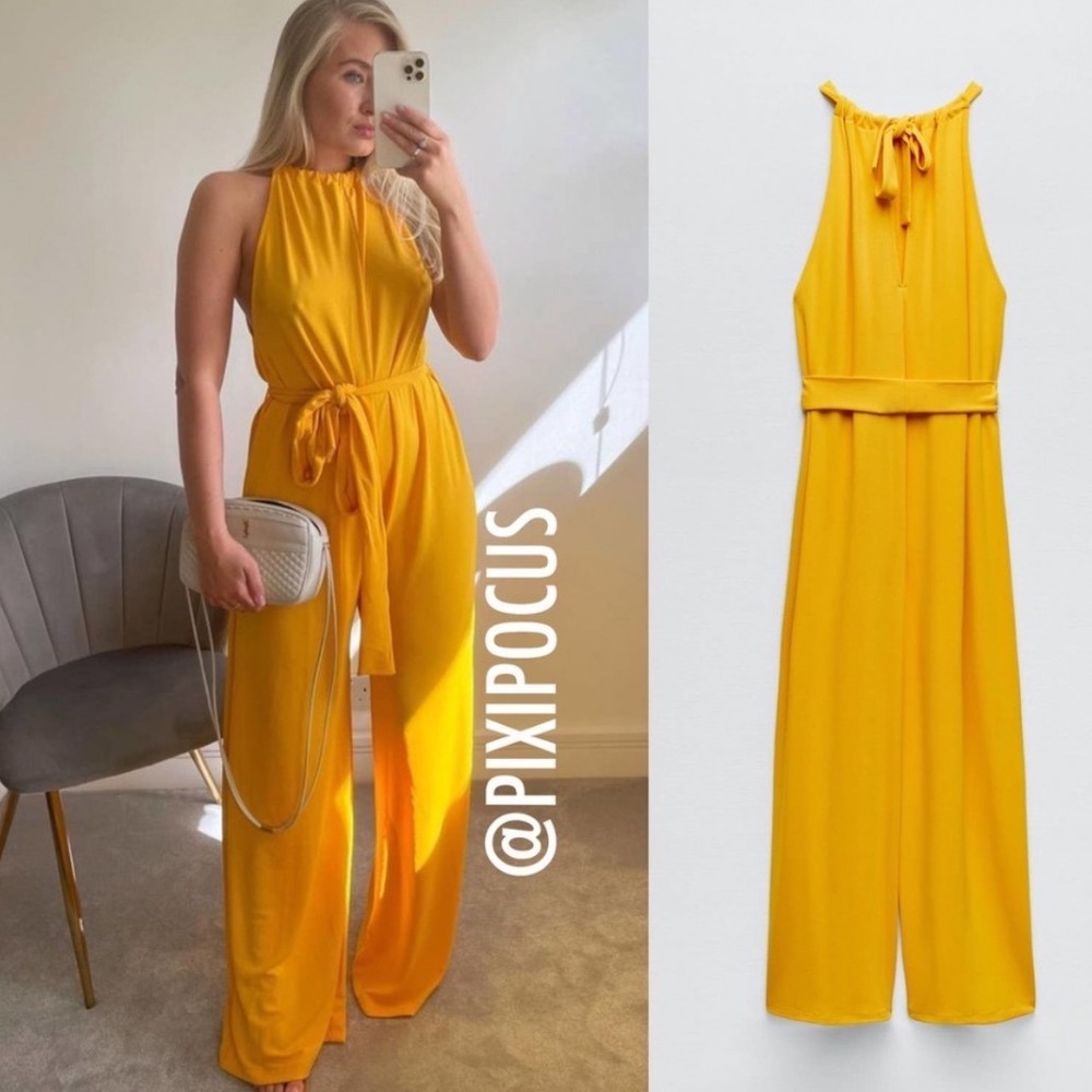 NWT Zara Halter Neck Jumpsuit Wide Leg Size L Yellow